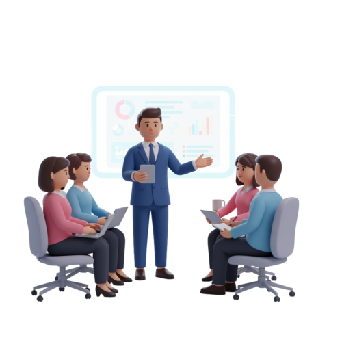 A 3D illustration of a business team brainstorming around a table with a lightbulb idea icon above them.